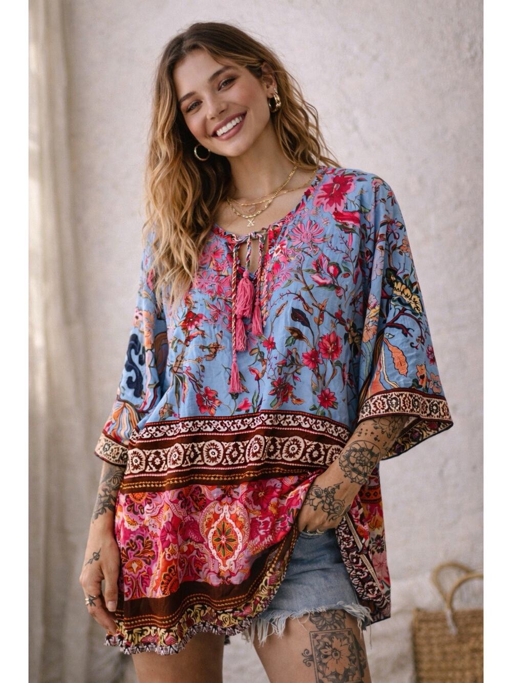 Copied - Aziza Boho Floral Tunic Top Blue Pink Embroidered Tassel XL